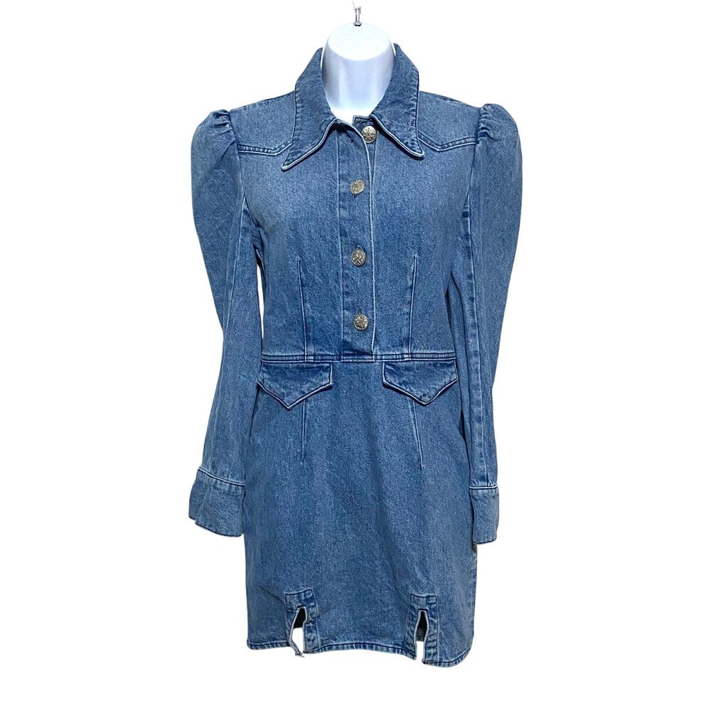 ASOS Design Tall Denim Mini Western Shirt Dress Womens 4 Puff Sleeves Cowgirl - Picture 1 of 7